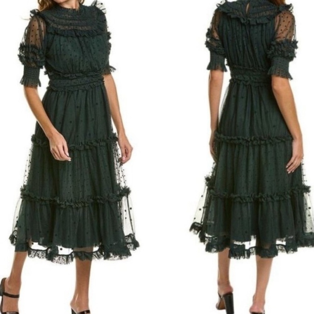 Boden Green Polka Dot Tulle Ruffle Midi Dress Size 8